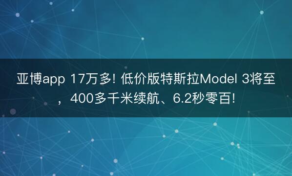 亚博app 17万多! 低价版特斯拉Model 3将至，400多千米续航、6.2秒零百!